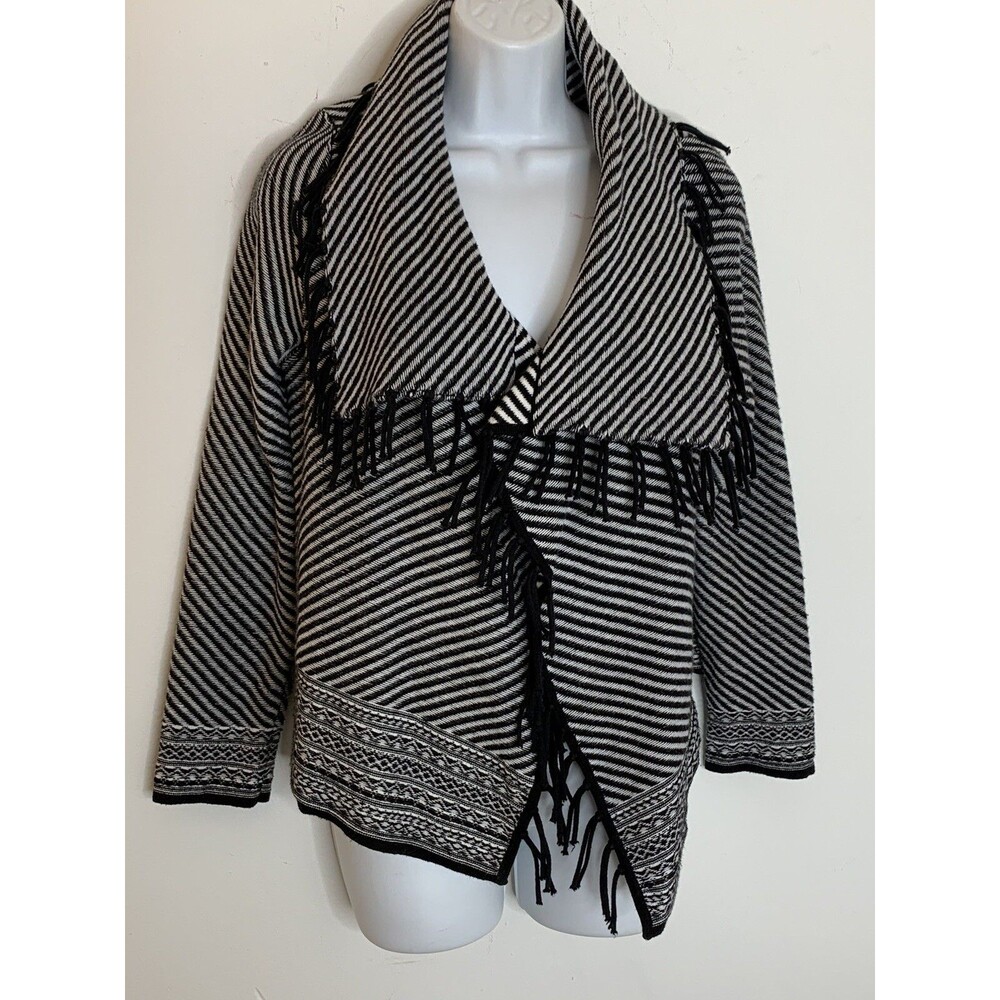 Chico's Knitted Boho fringe black white striped fringe   CARDIGAN Size 1 M (10)